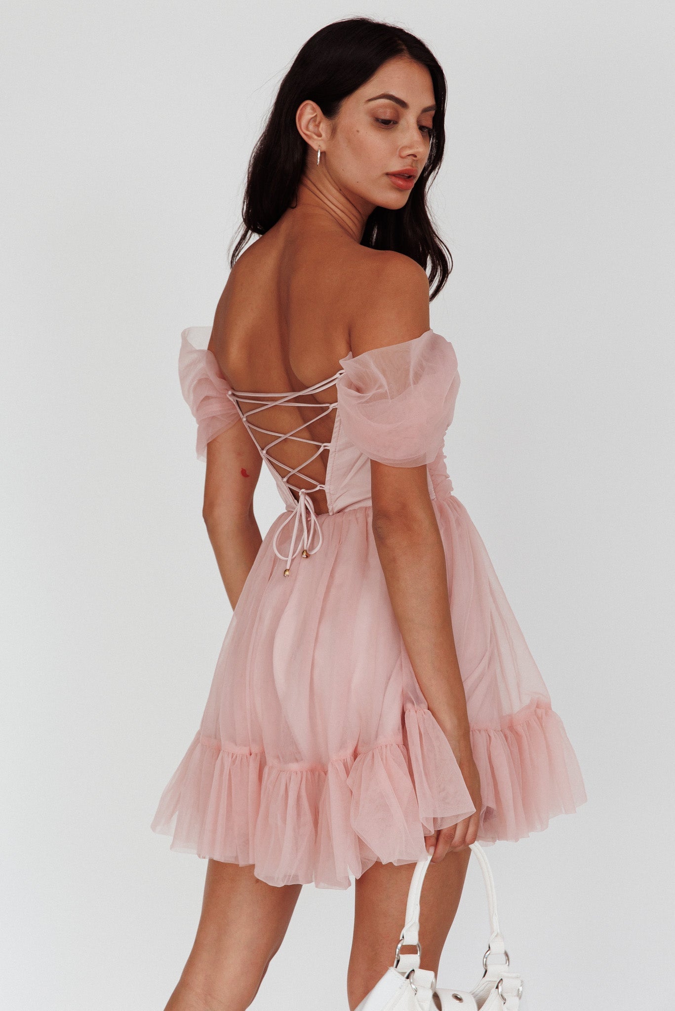 Pixi Off-Shoulder Lace-Up Back Back Dress Pink
