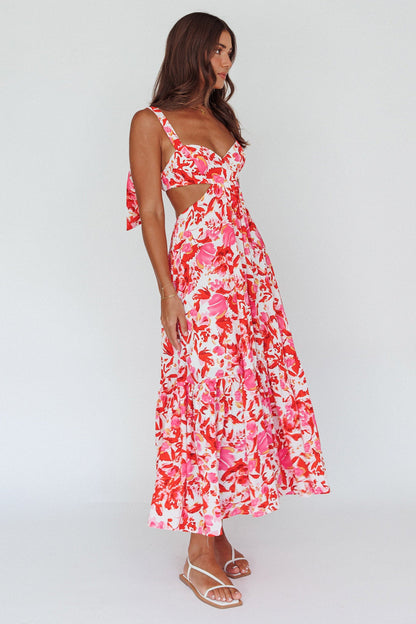 Sun Seeker Tied Shoulder Cut-Out Maxi Dress Floral Red