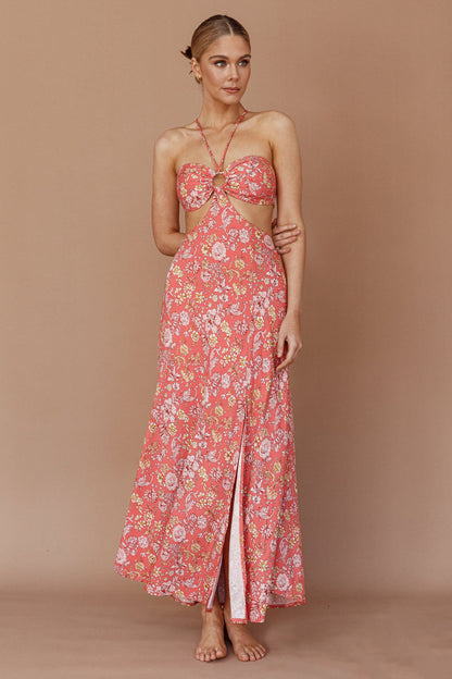 Amorcito Cut-Out Waist Midi Dress Floral Red