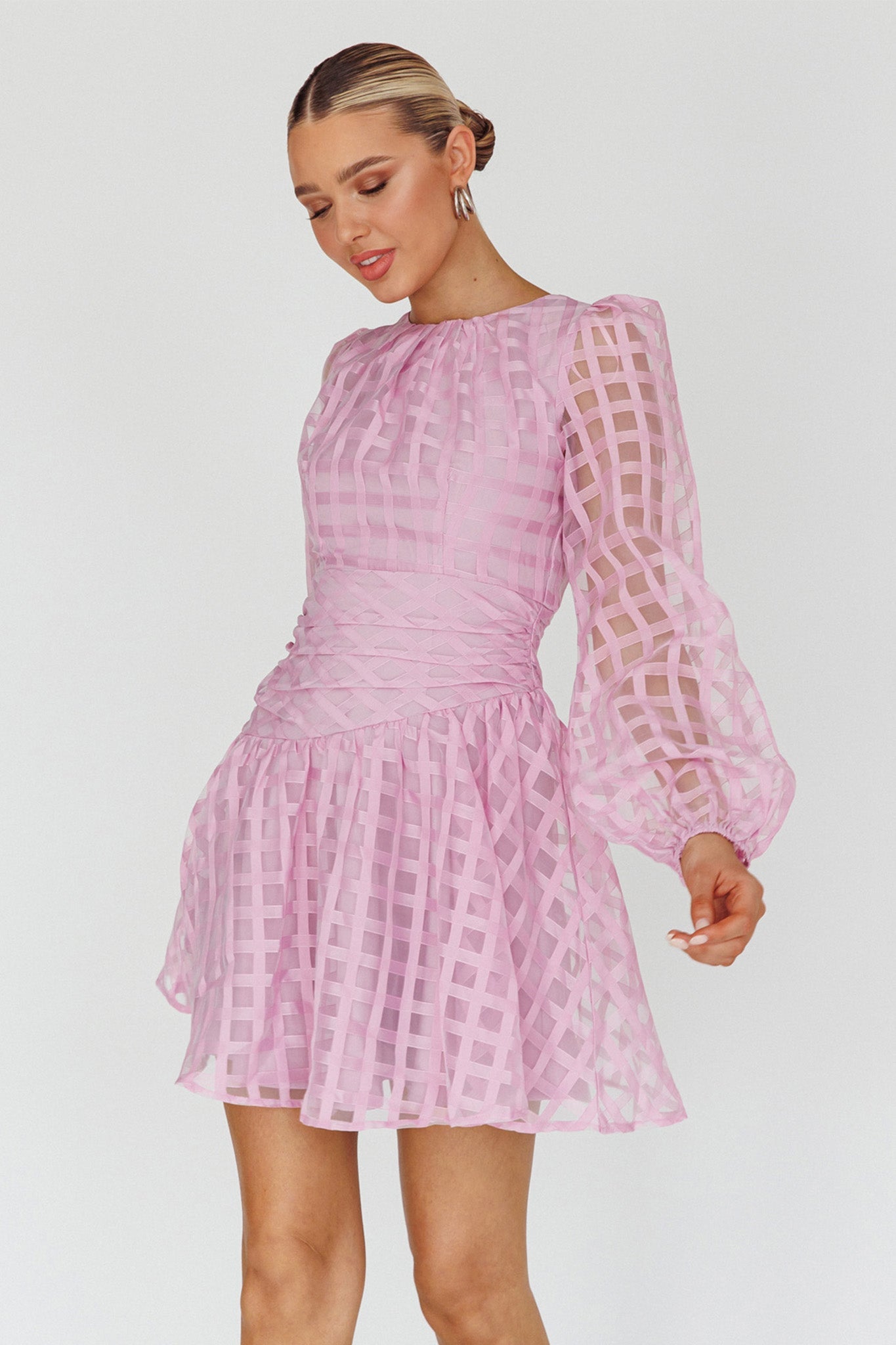 Tatiana Long Sleeve Plaid Mini Dress Lilac