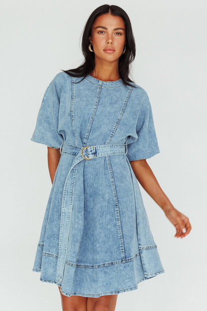 Cadijah Puff Sleeve Belted Mini Dress Denim Blue