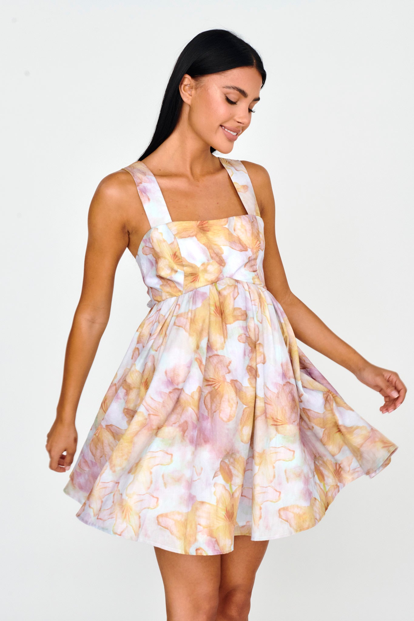 New Horizons Square Neckline Tied Mini Dress Yellow