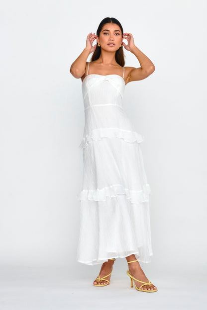 Rise & Glow Frill Trim Textured Midi Dress White