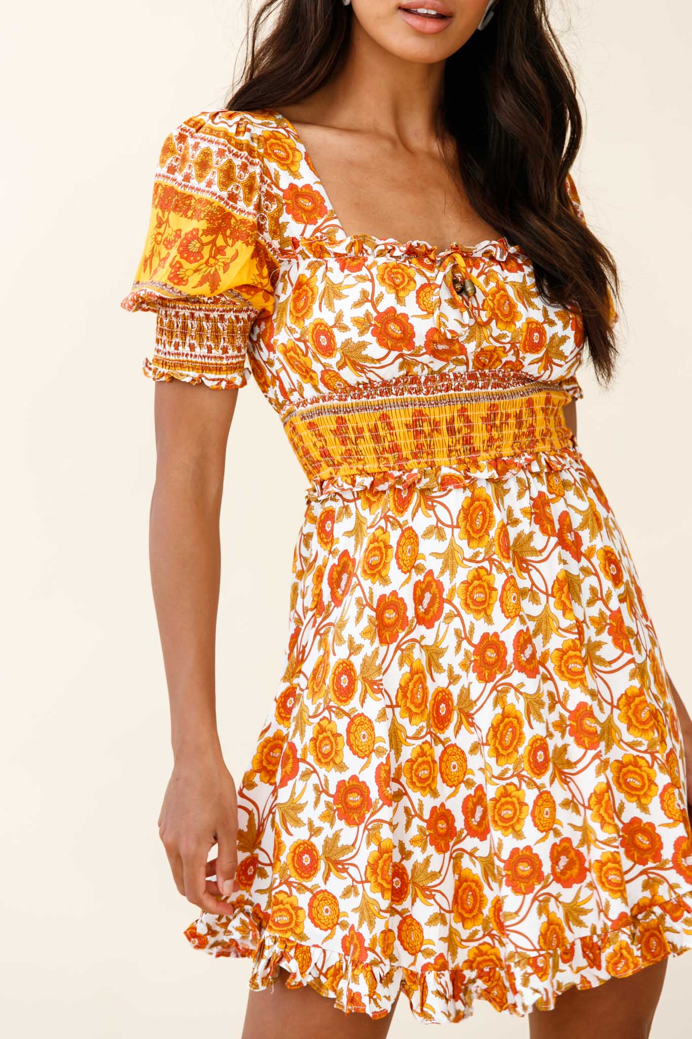 Summer In Paris Puff Sleeve Open Back Dress Floral Print Mustard Multi