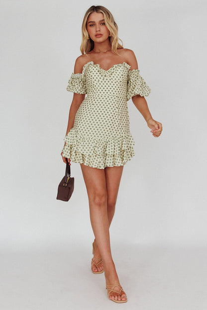 Homecoming Queen Sweetheart Neckline Puff Sleeve Dress Polka Dot Green