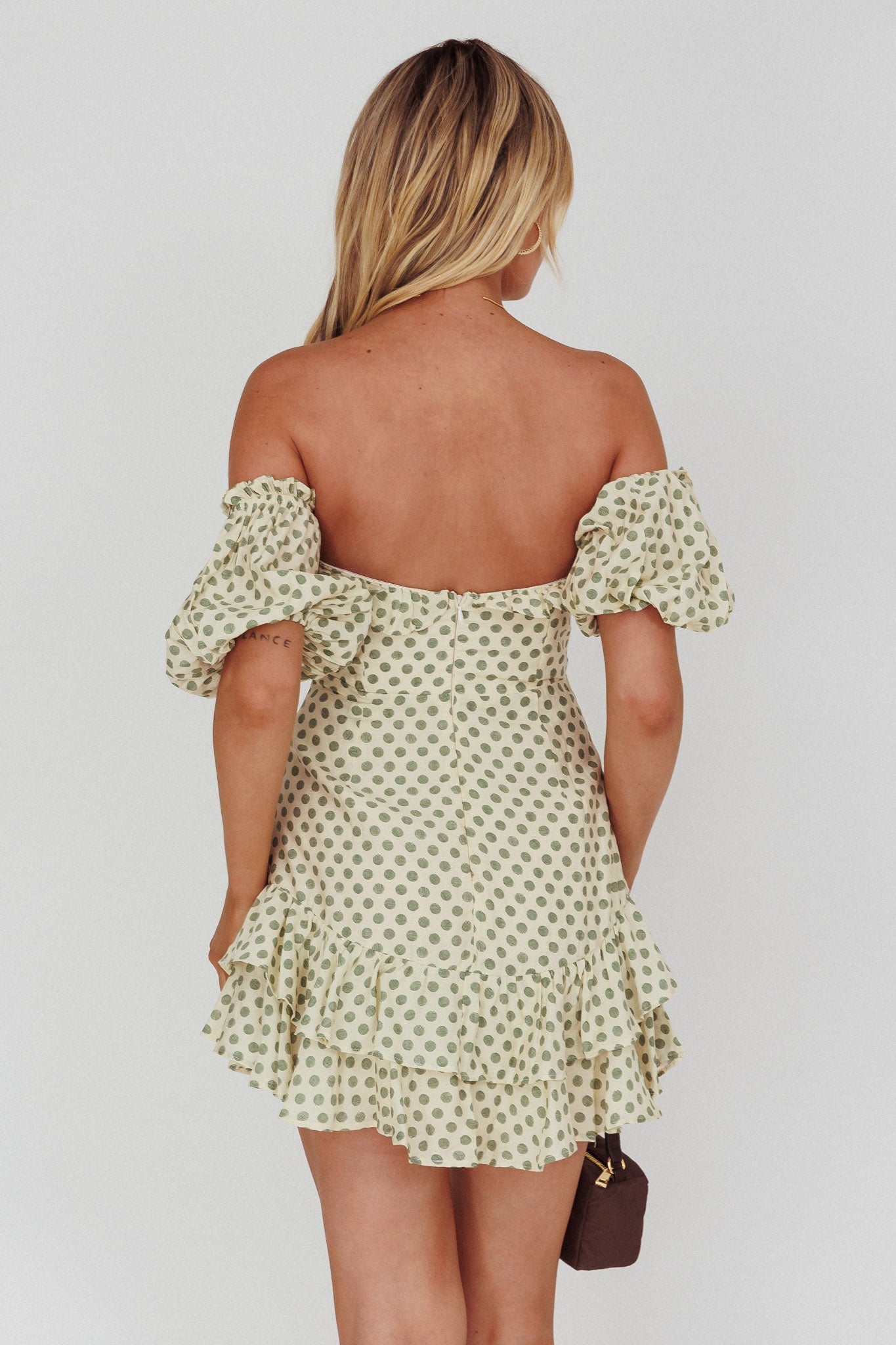 Homecoming Queen Sweetheart Neckline Puff Sleeve Dress Polka Dot Green