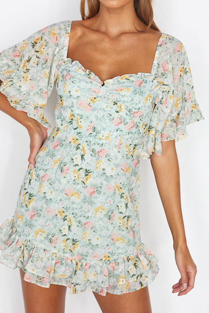 Elorah Frill Trim Mini Dress Floral Green