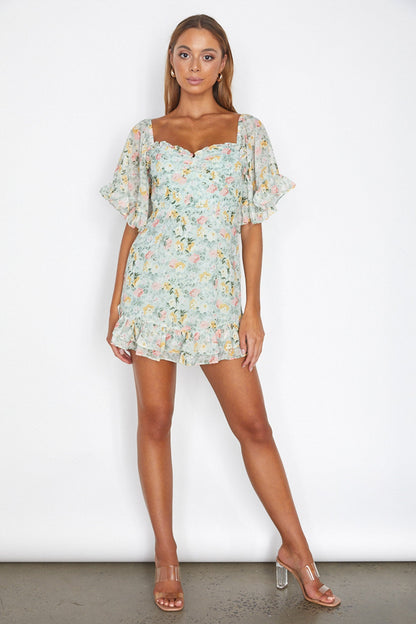 Elorah Frill Trim Mini Dress Floral Green