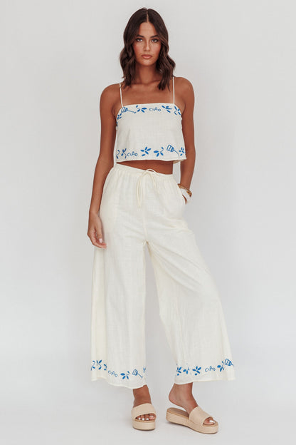 Sorrento Summer Embroidered Wide-Leg Pants Beige