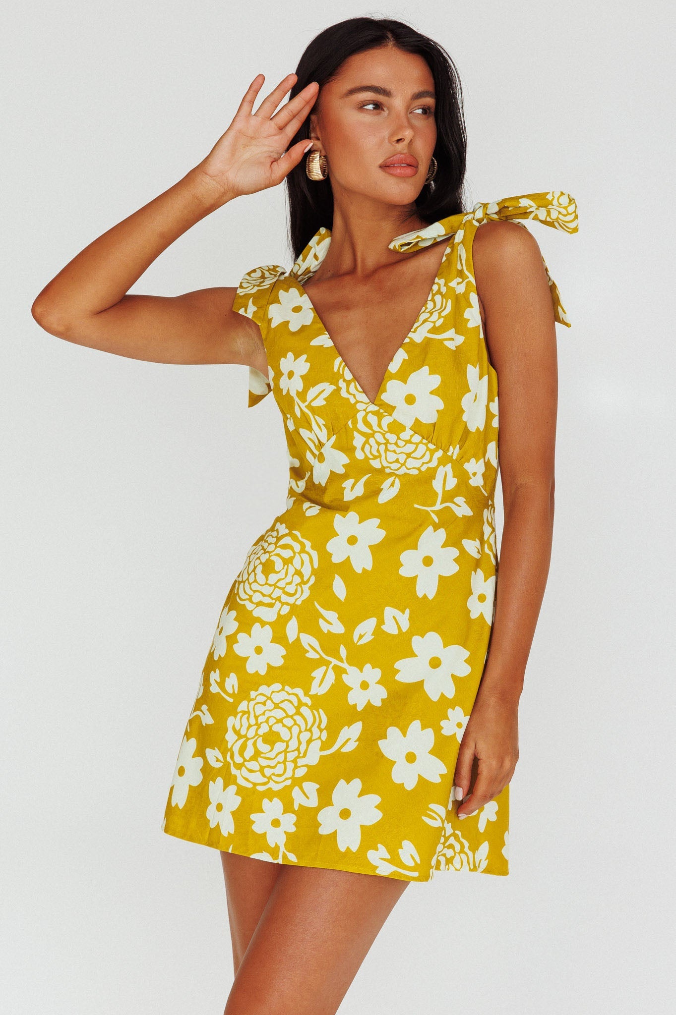 Mykonos Morning Tied Shoulder Mini Dress Floral Tan