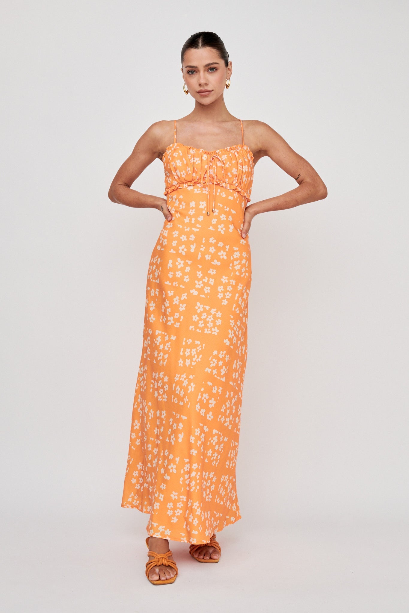 Anja Frill Trim Maxi Dress Print Orange White