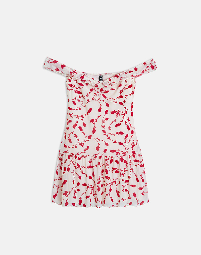 Switaria Mini Dress in Cream with Red Leafy Lily Flock
