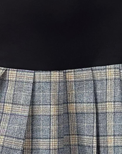 Terdayu Bandeau Pleated Mini Dress in Black Grey Check