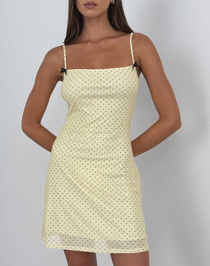 Turu Mini Dress in Yellow with Compact Grey Polka