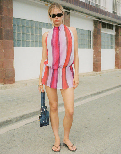 Veloria Halterneck Mini Dress in Pink Sheer Chiffon Painted Stripe