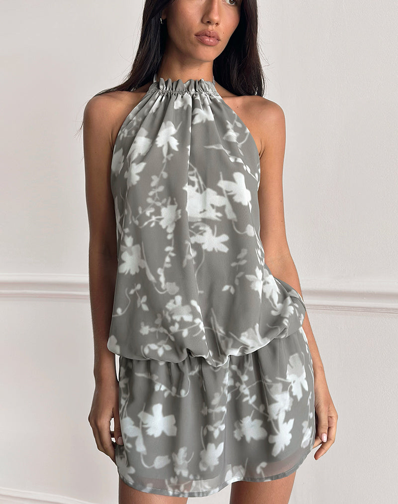 Veloria Halterneck Mini Dress in Blurred Floral Grey