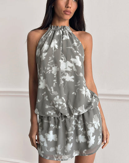 Veloria Halterneck Mini Dress in Blurred Floral Grey