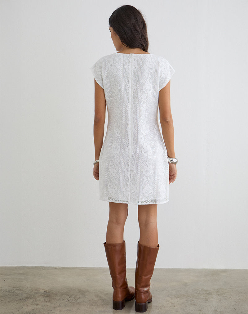 Yenna Plunge Mini Dress in Floral Lace White
