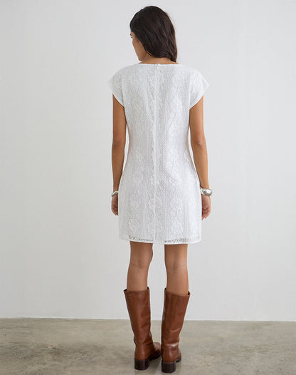 Yenna Plunge Mini Dress in Floral Lace White