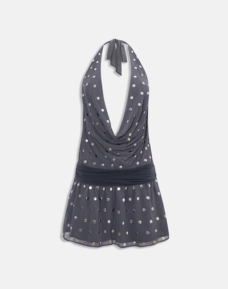 Yukina Mini Dress in Studded Chiffon Dark Grey