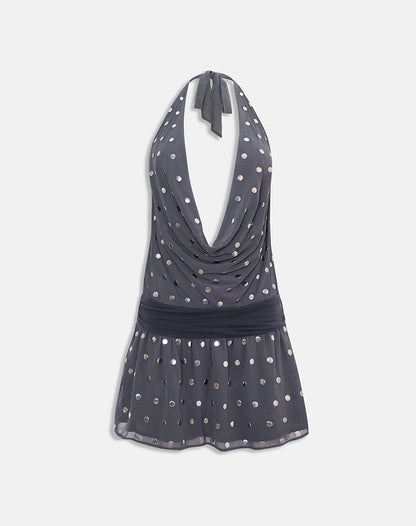 Yukina Mini Dress in Studded Chiffon Dark Grey