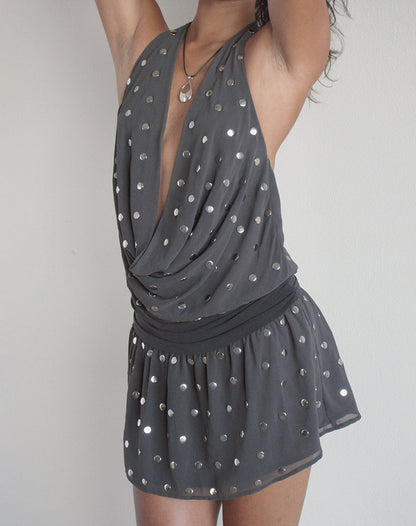 Yukina Mini Dress in Studded Chiffon Dark Grey