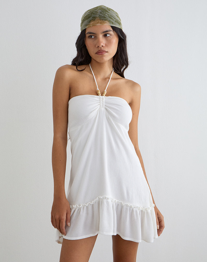 Yvelise Mini Dress in Crinkle Off White with Beads