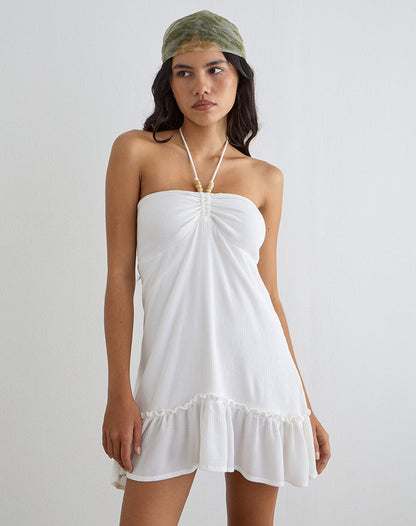 Yvelise Mini Dress in Crinkle Off White with Beads