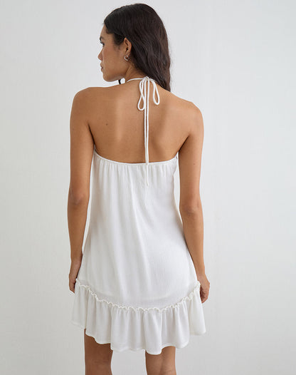Yvelise Mini Dress in Crinkle Off White with Beads