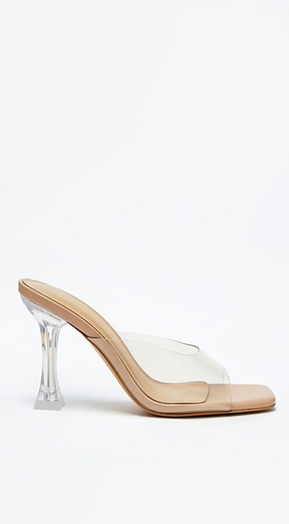 Victoria Clear Strap Mule Heels - Beige