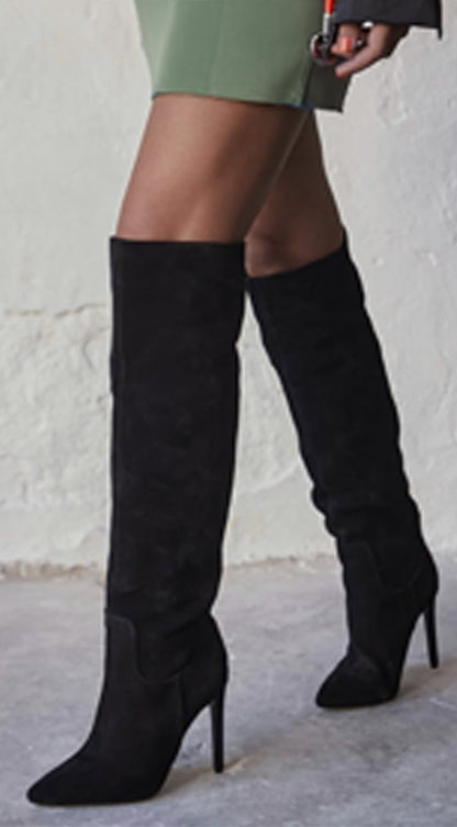 Tassa Faux Suede Pointed Toe Boots - Black