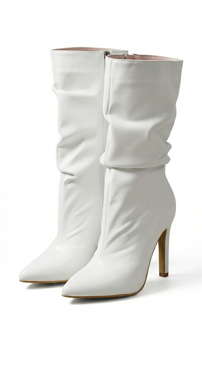 Ava Faux Leather Ruched High Heel Booties - White