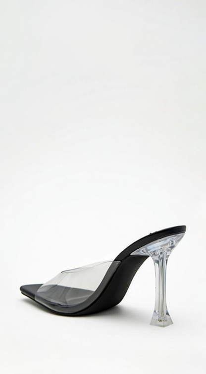 Victoria Clear Strap Mule Heels - Black