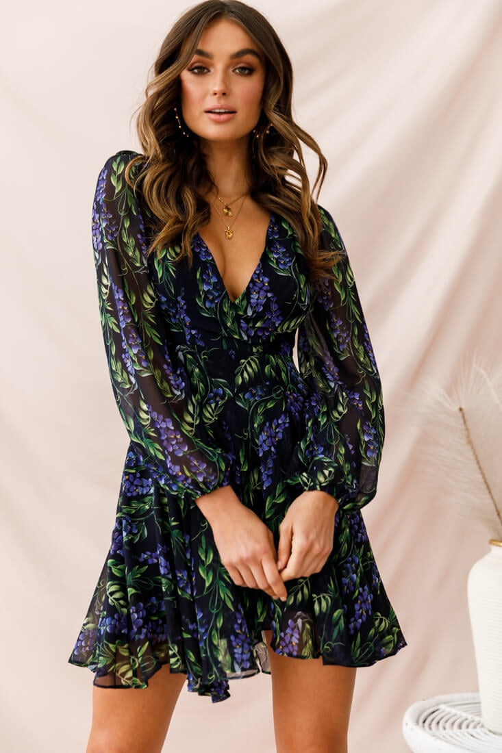 Wisteria Lane Long Sleeve Tea Dress Navy