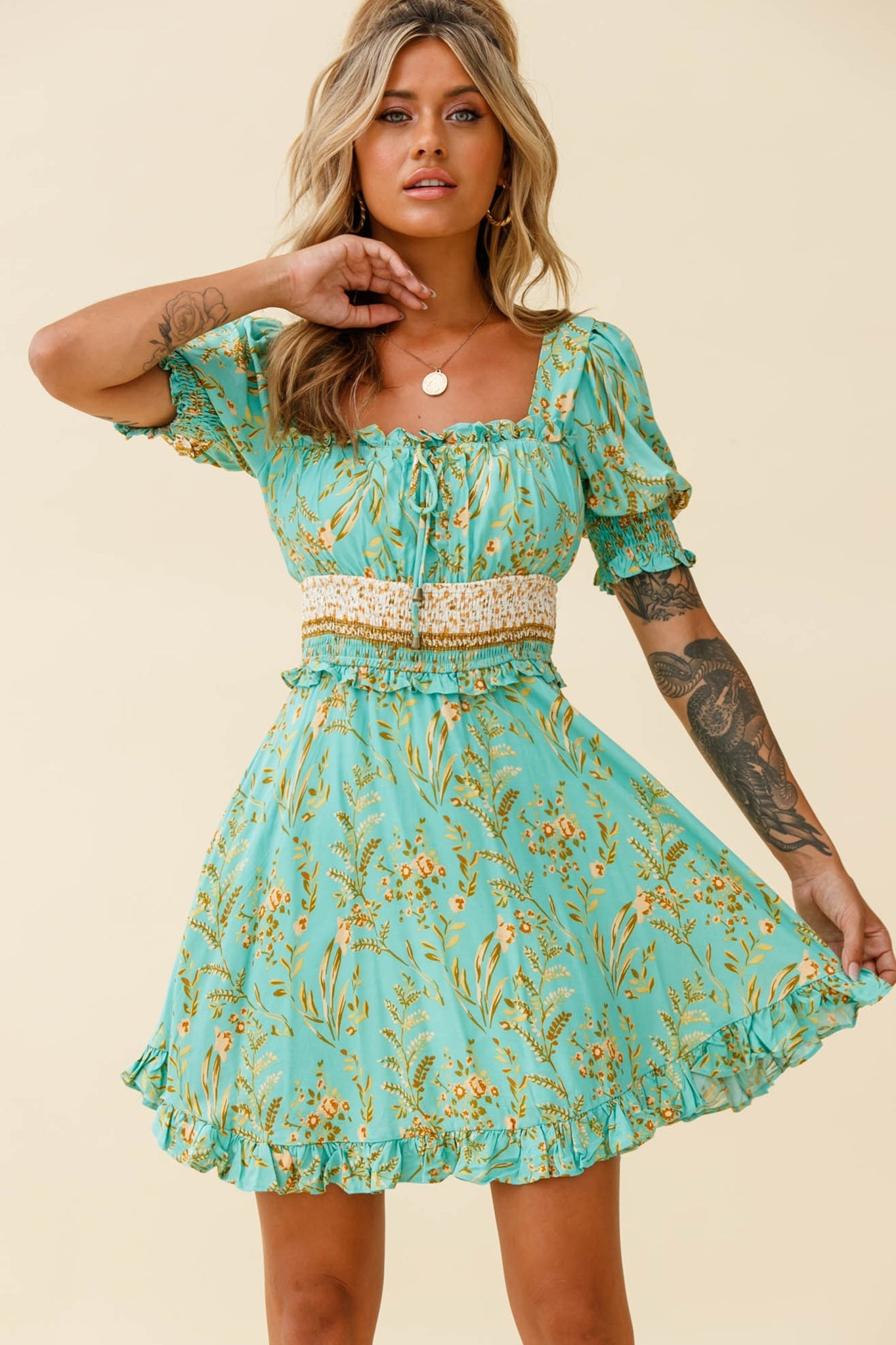 Summer In Paris Puff Sleeve Open Back Dress Botanical Print Mint