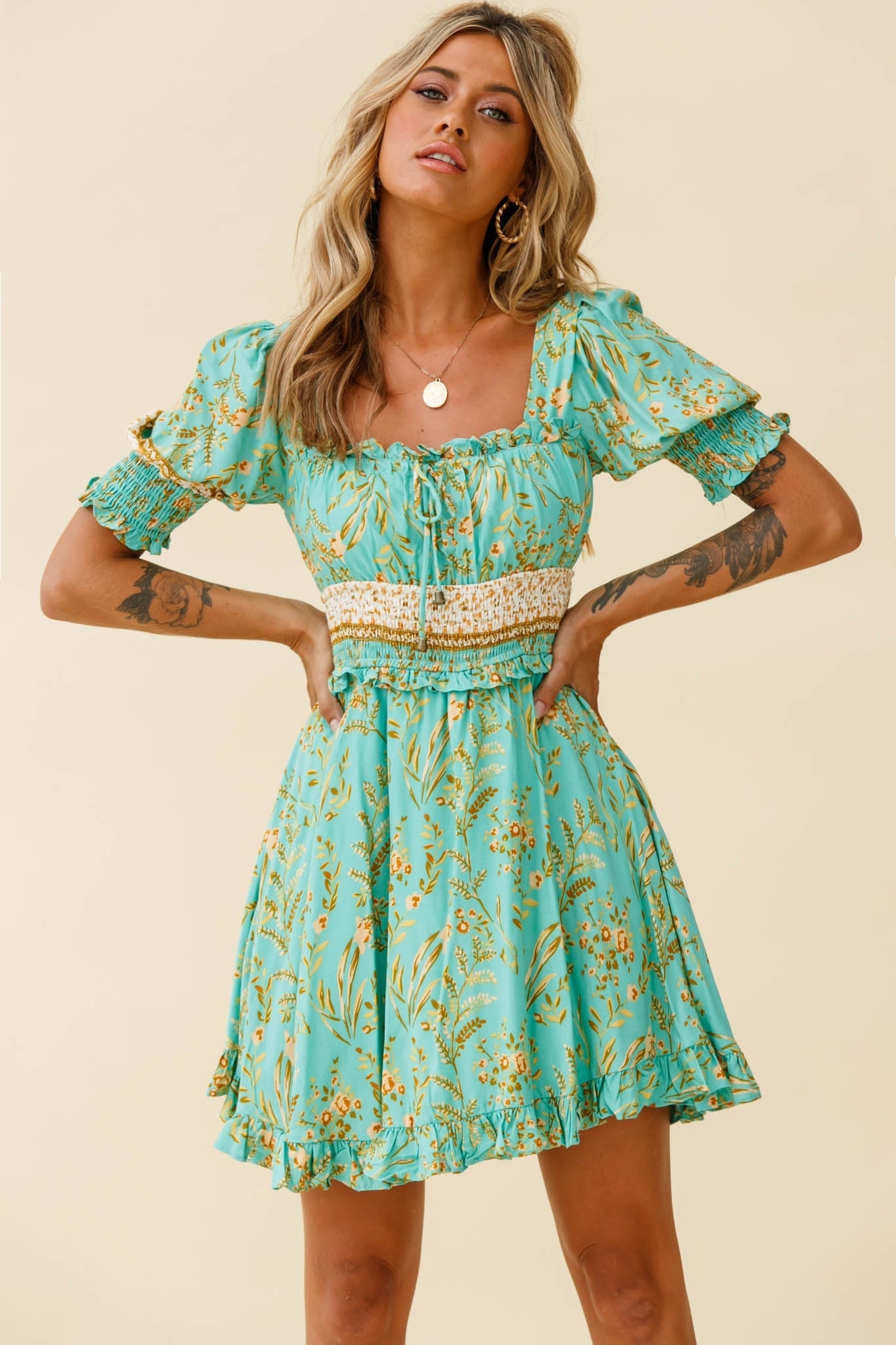 Summer In Paris Puff Sleeve Open Back Dress Botanical Print Mint